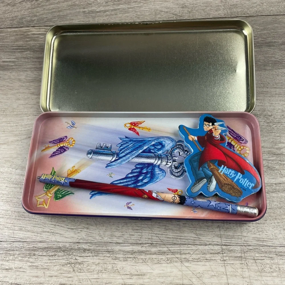 2000 Harry Potter Sorcerers Stone Pencil Case Metal Lift Out Tray w/ Supplies